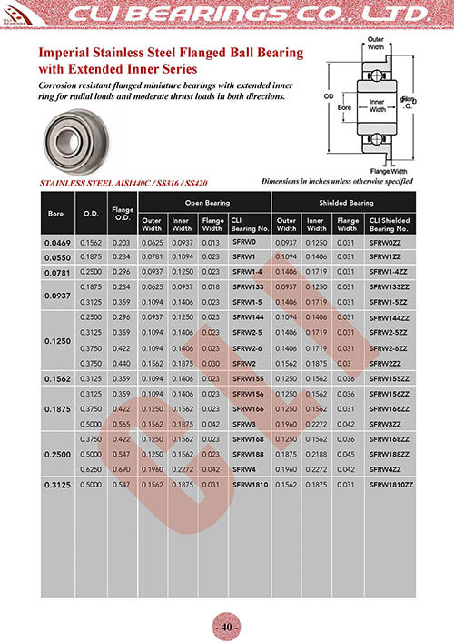 Original 6 flanged miniature bearings with extended inner ring stainless steel aisi440c inch sizes nw