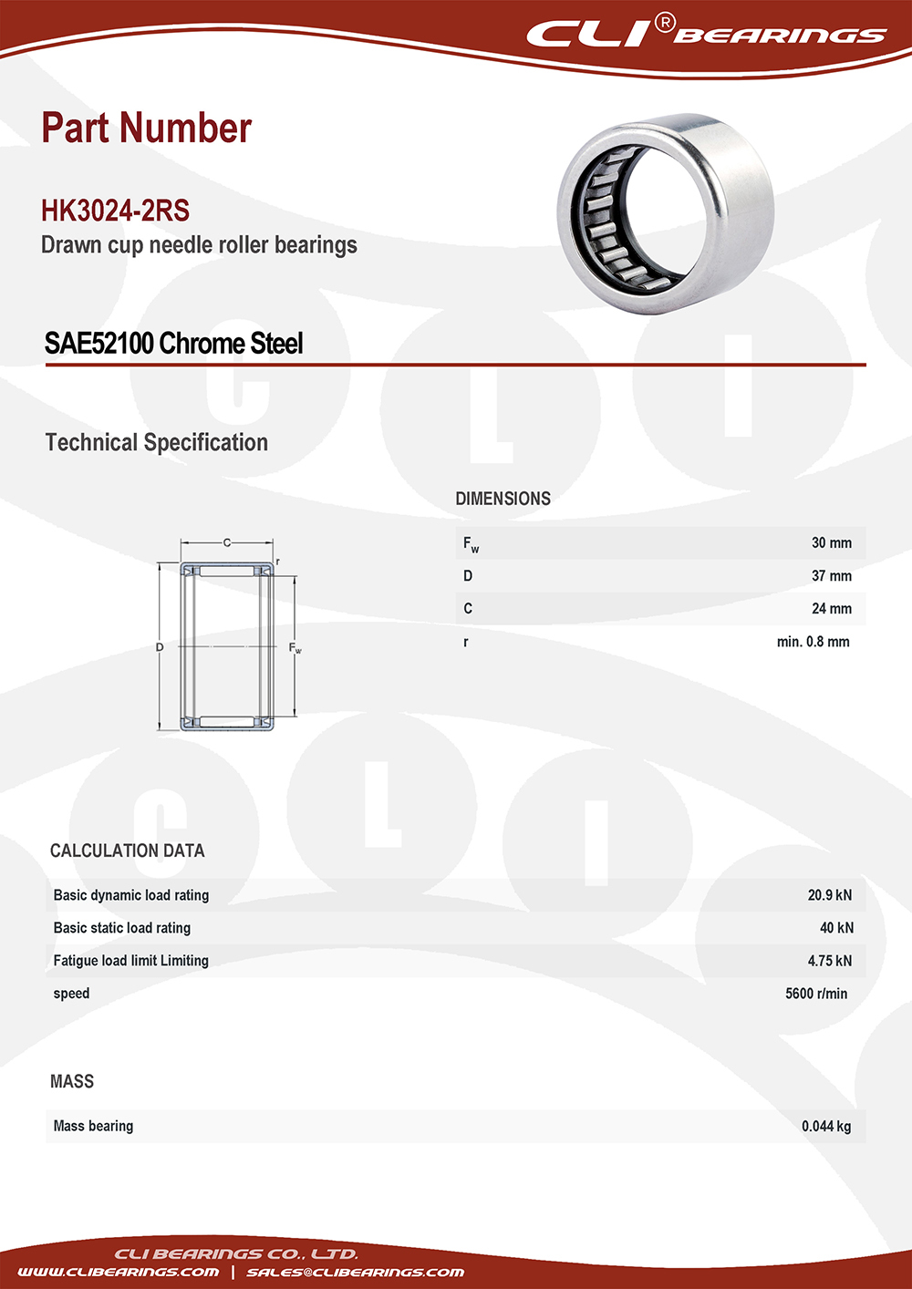 Original hk3024 2rs drawn cup needle roller bearings 30x37x24 mm cli bearings co ltd nw