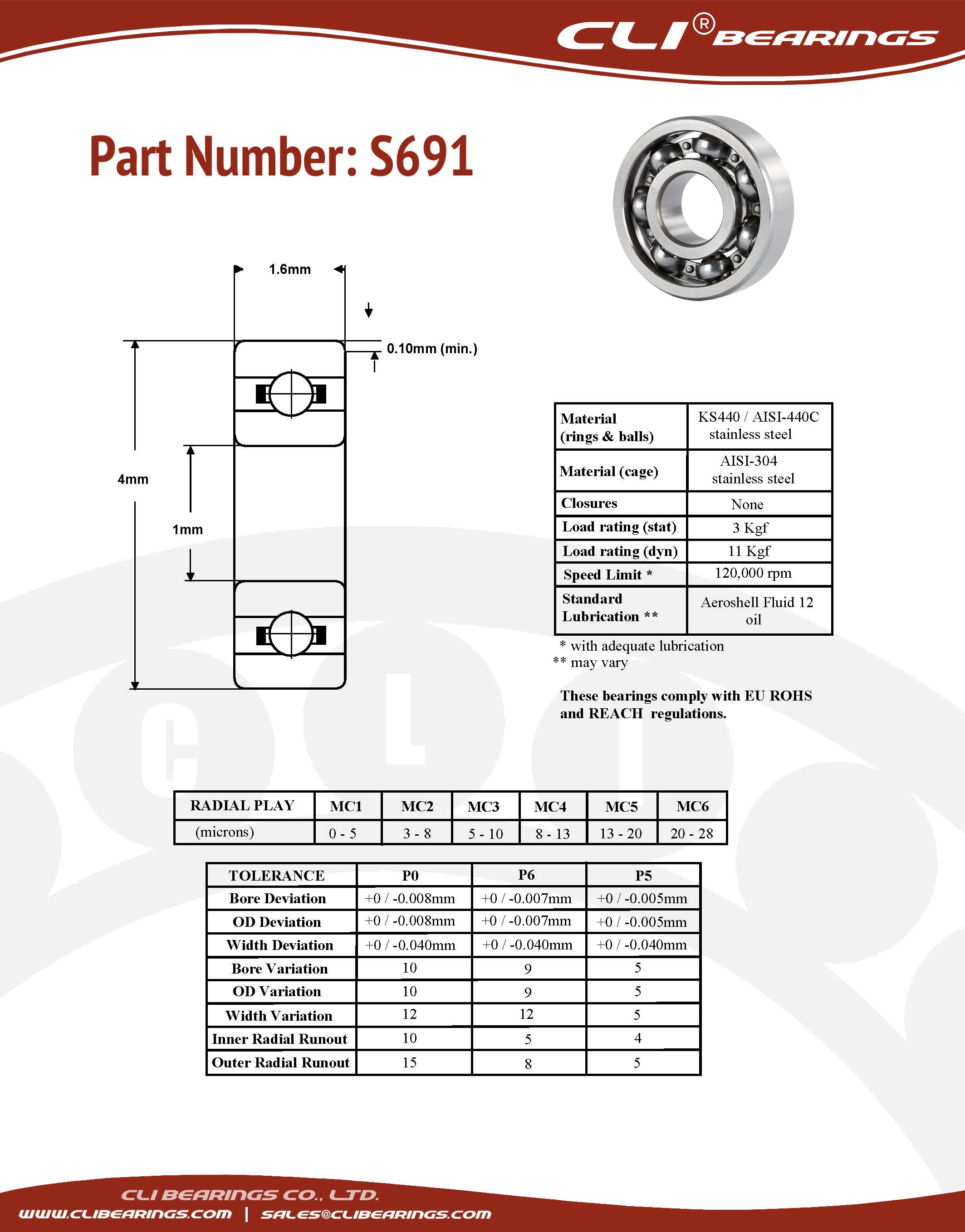 Original s691 stainless steel miniature bearing 1x4x1 6mm cli nw