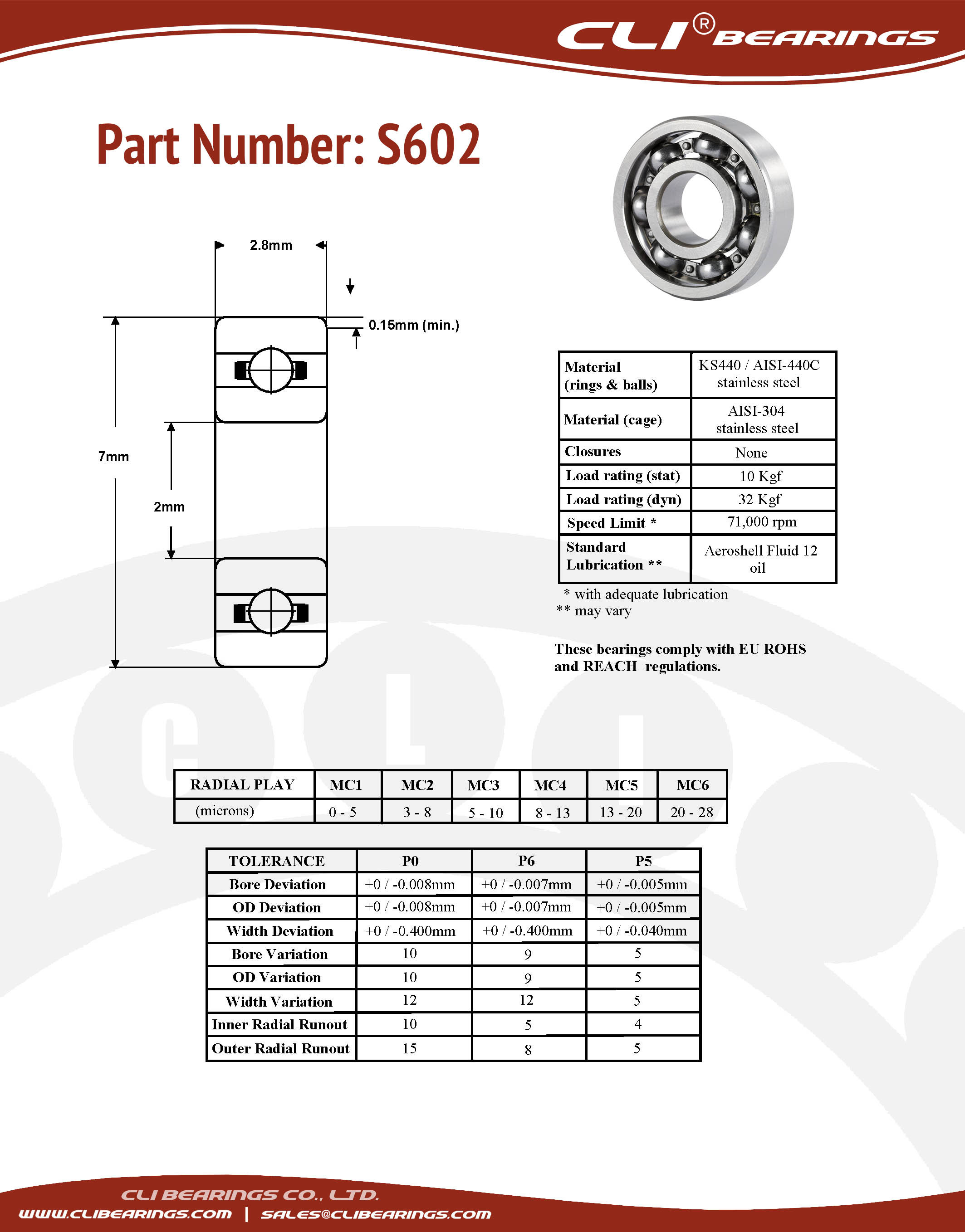 Original s602 stainless steel miniature bearing 2x7x2 8mm cli nw