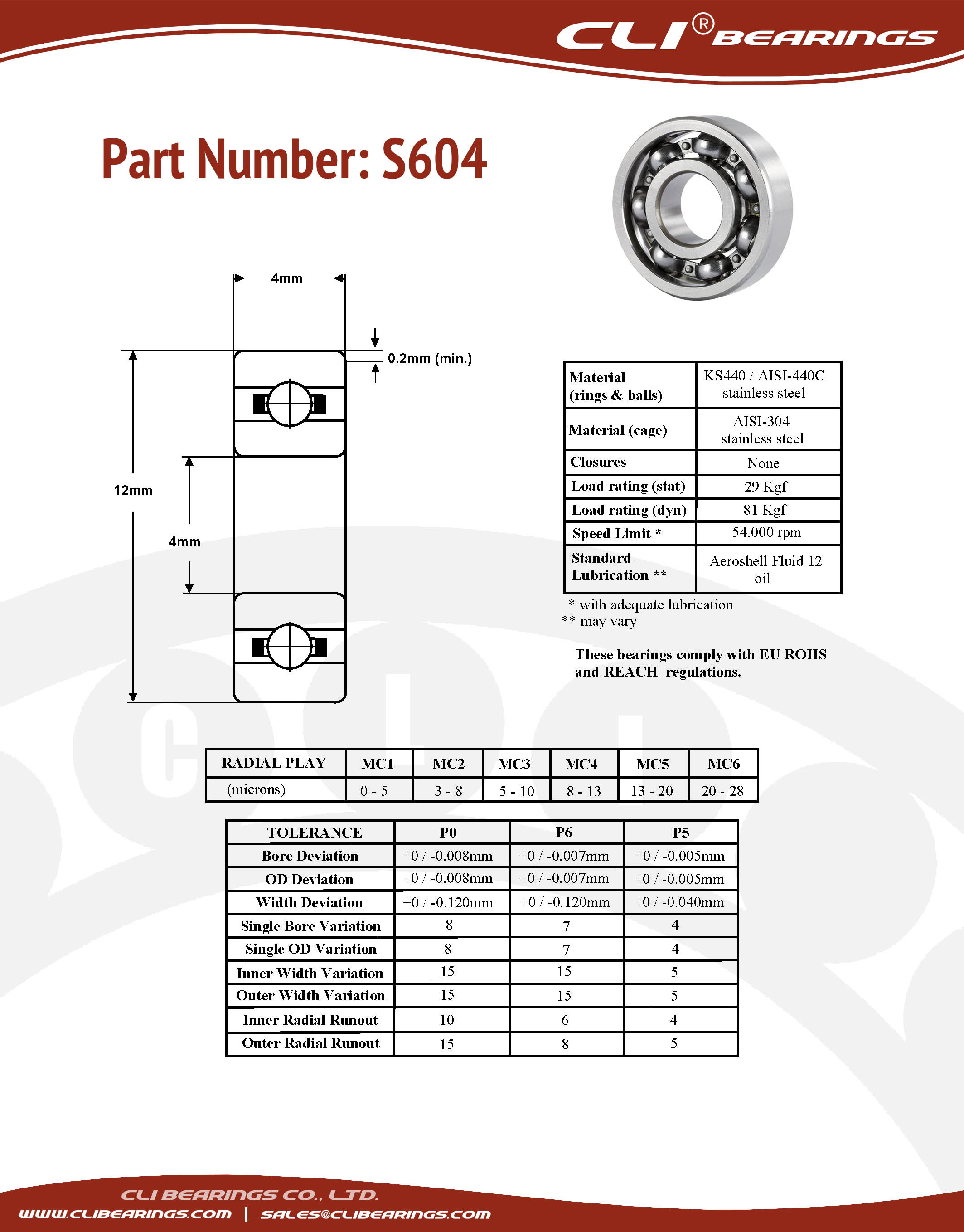 Original s604 stainless steel miniature bearing 4x12x4mm cli nw