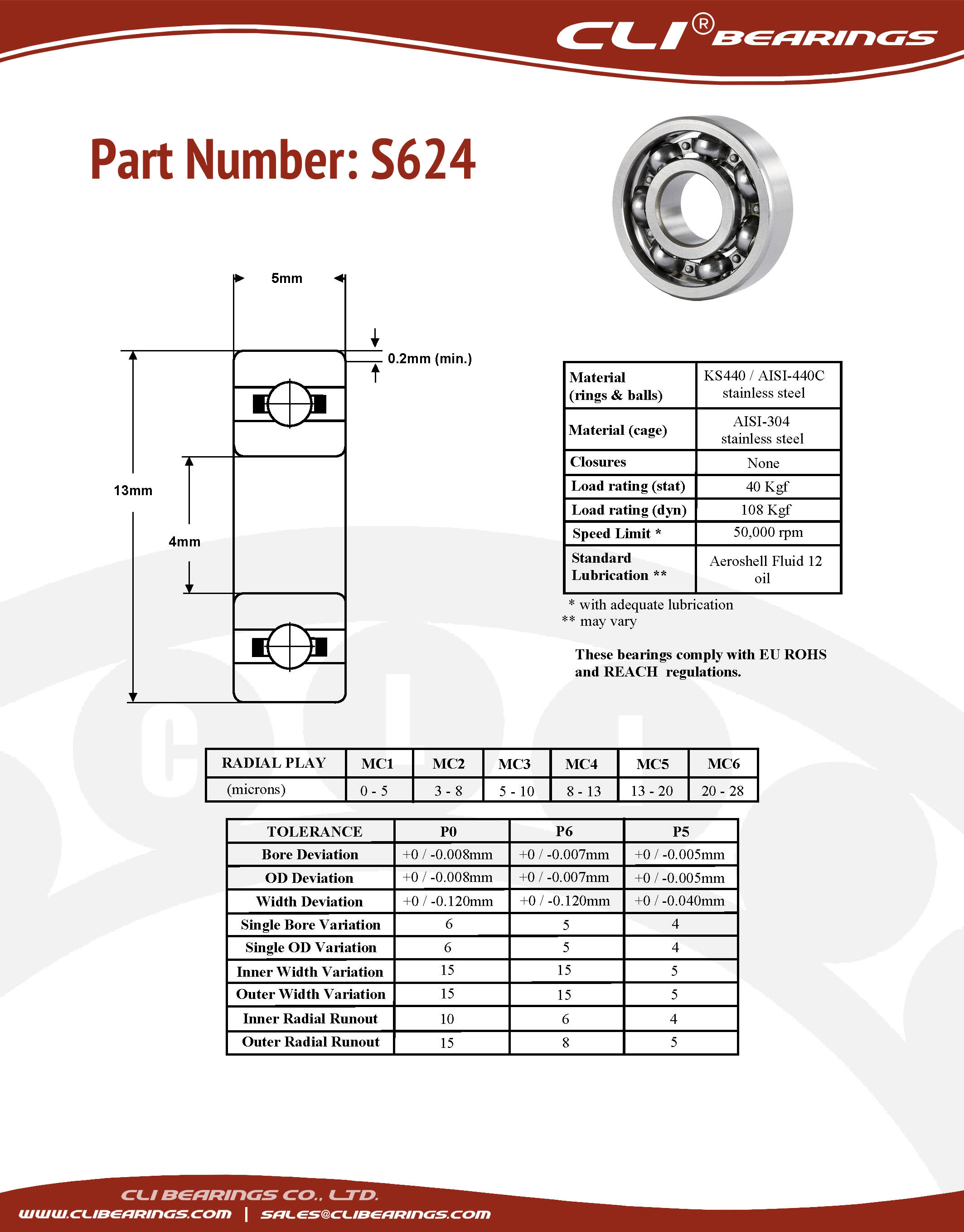 Original s624 stainless steel miniature bearing 4x13x5mm cli nw