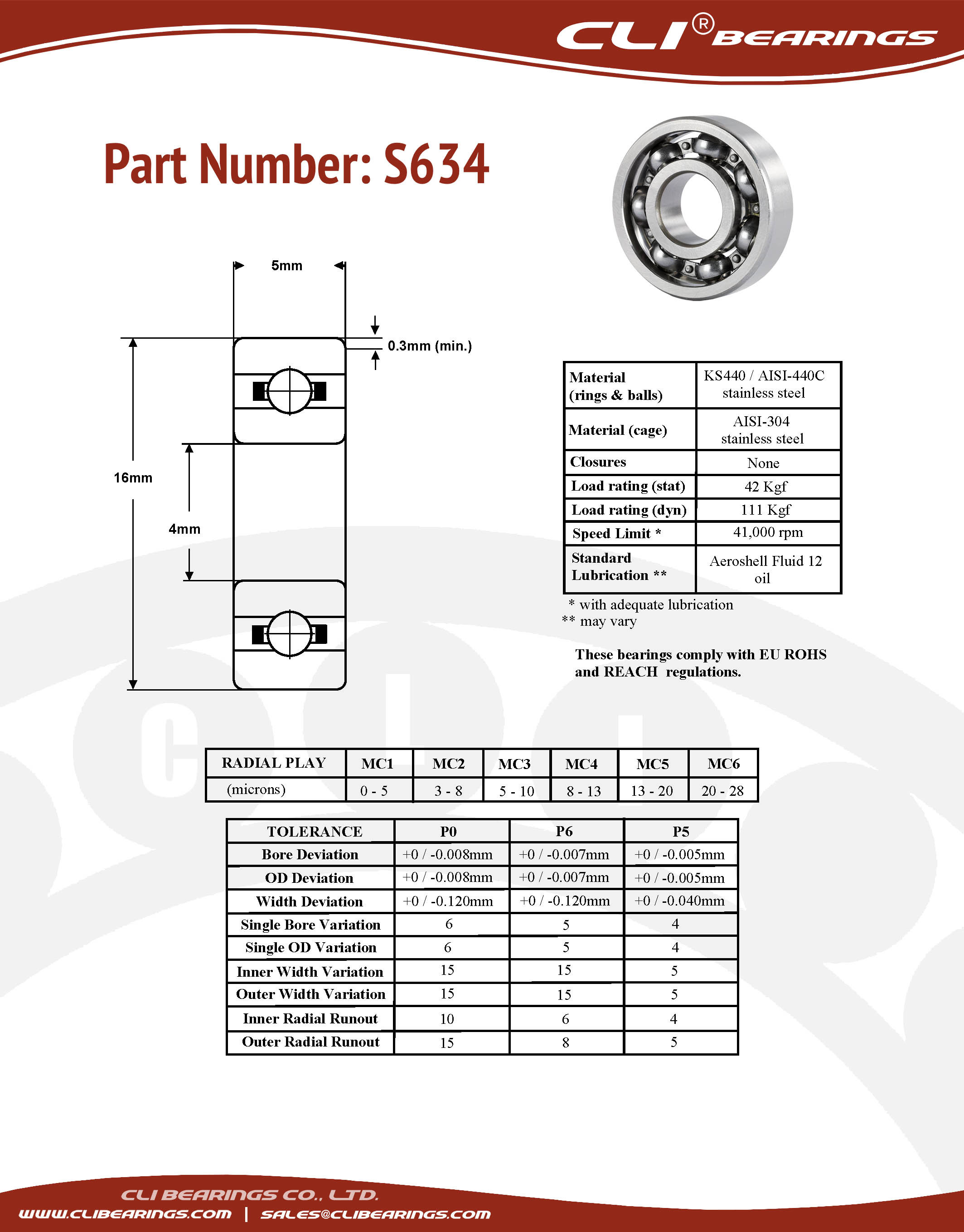 Original s634 stainless steel miniature bearing 4x16x5mm cli nw