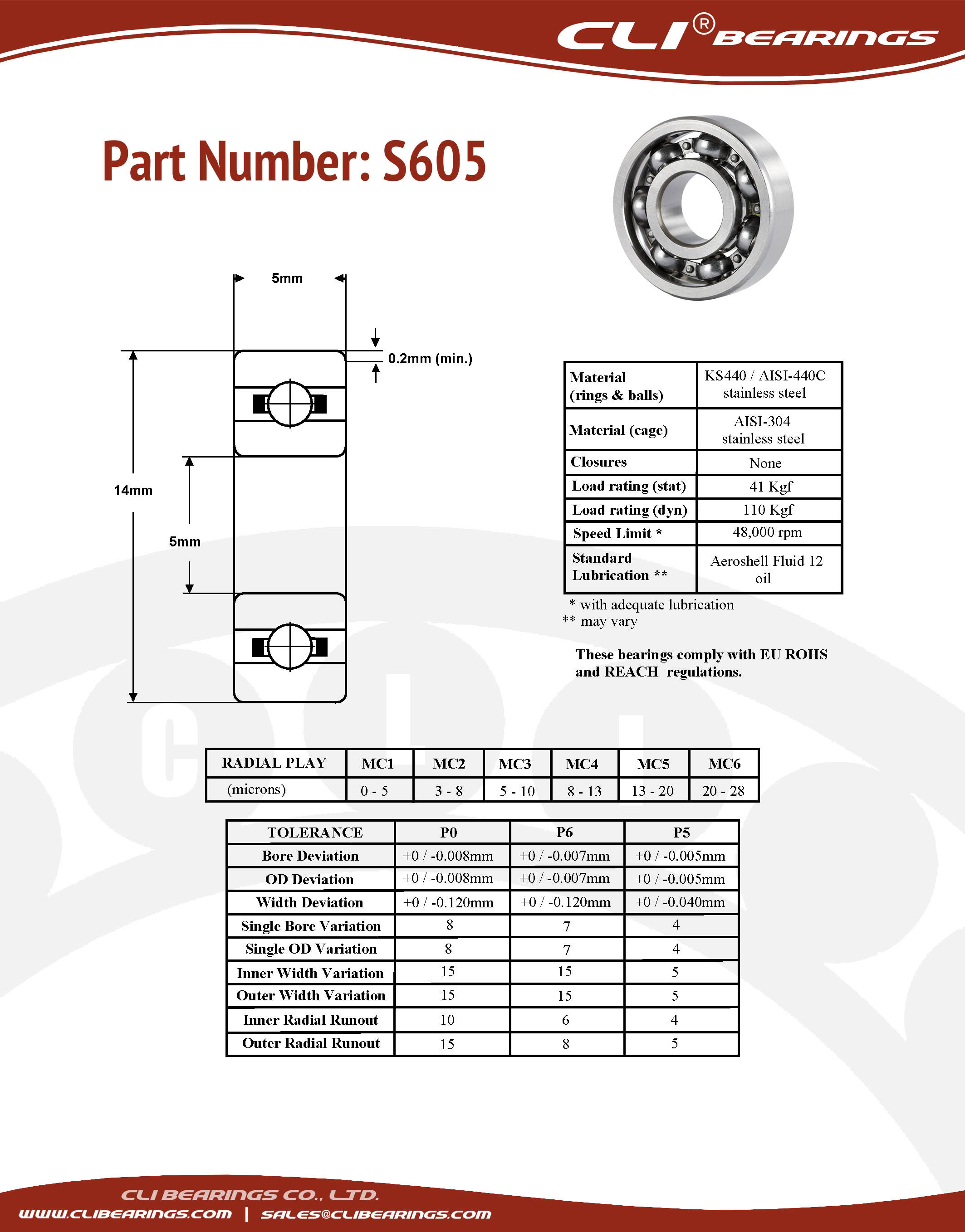 Original s605 stainless steel miniature bearing 5x14x5mm cli nw