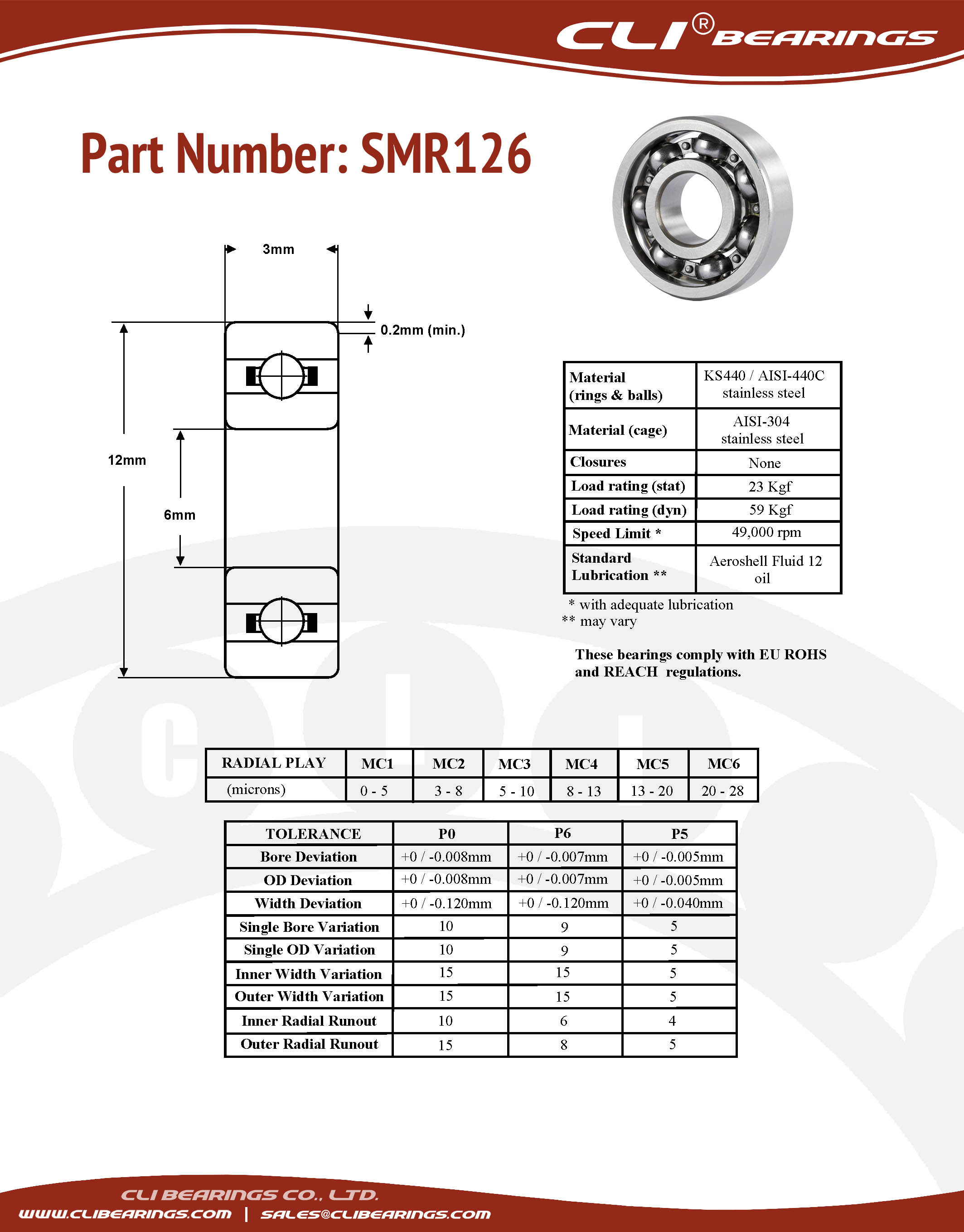 Original smr126 stainless steel miniature bearing 6x12x3mm cli nw