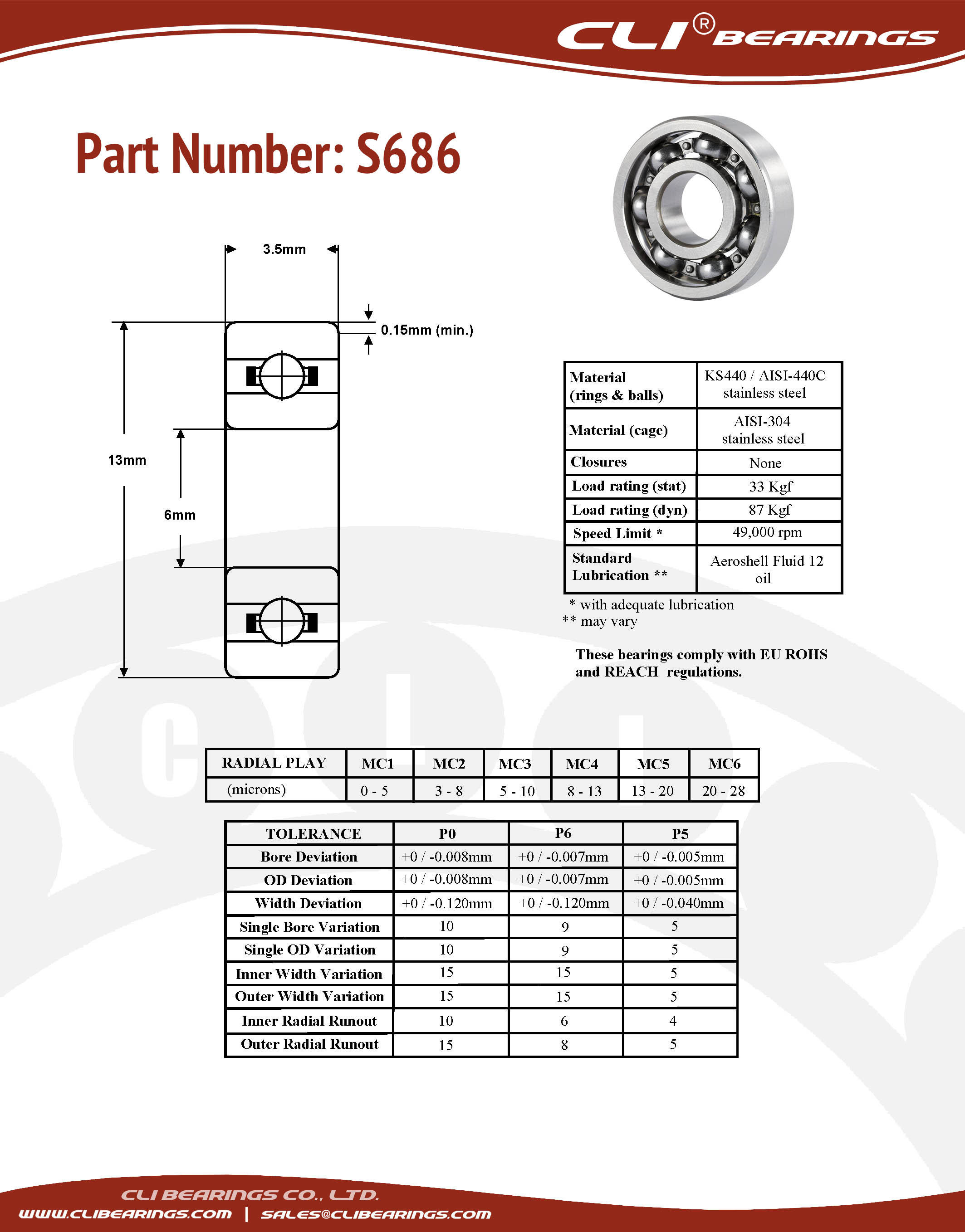 Original s686 stainless steel miniature bearing 6x13x3 5mm cli nw