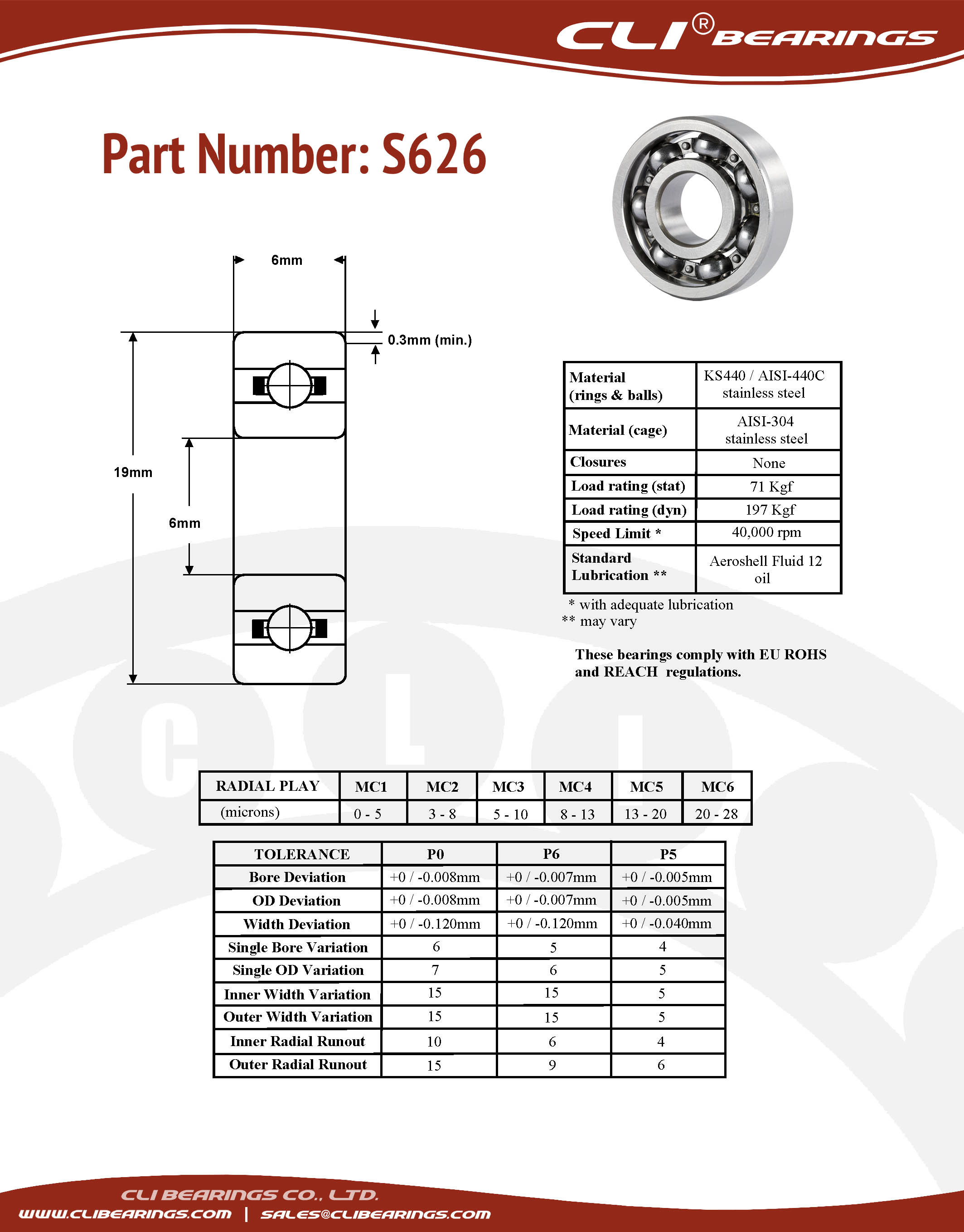 Original s626 stainless steel miniature bearing 6x19x6mm cli nw