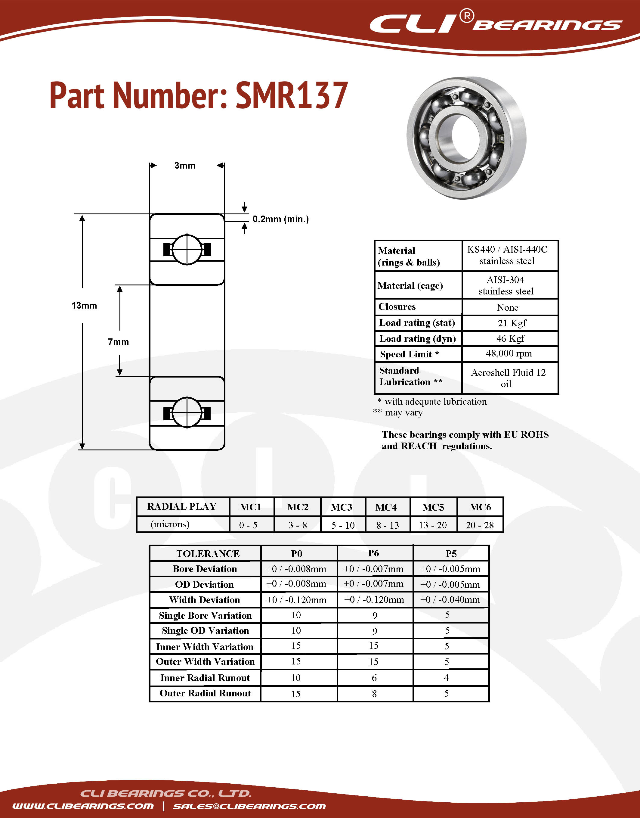 Original smr137 stainless steel miniature bearing 7x13x3mm cli nw