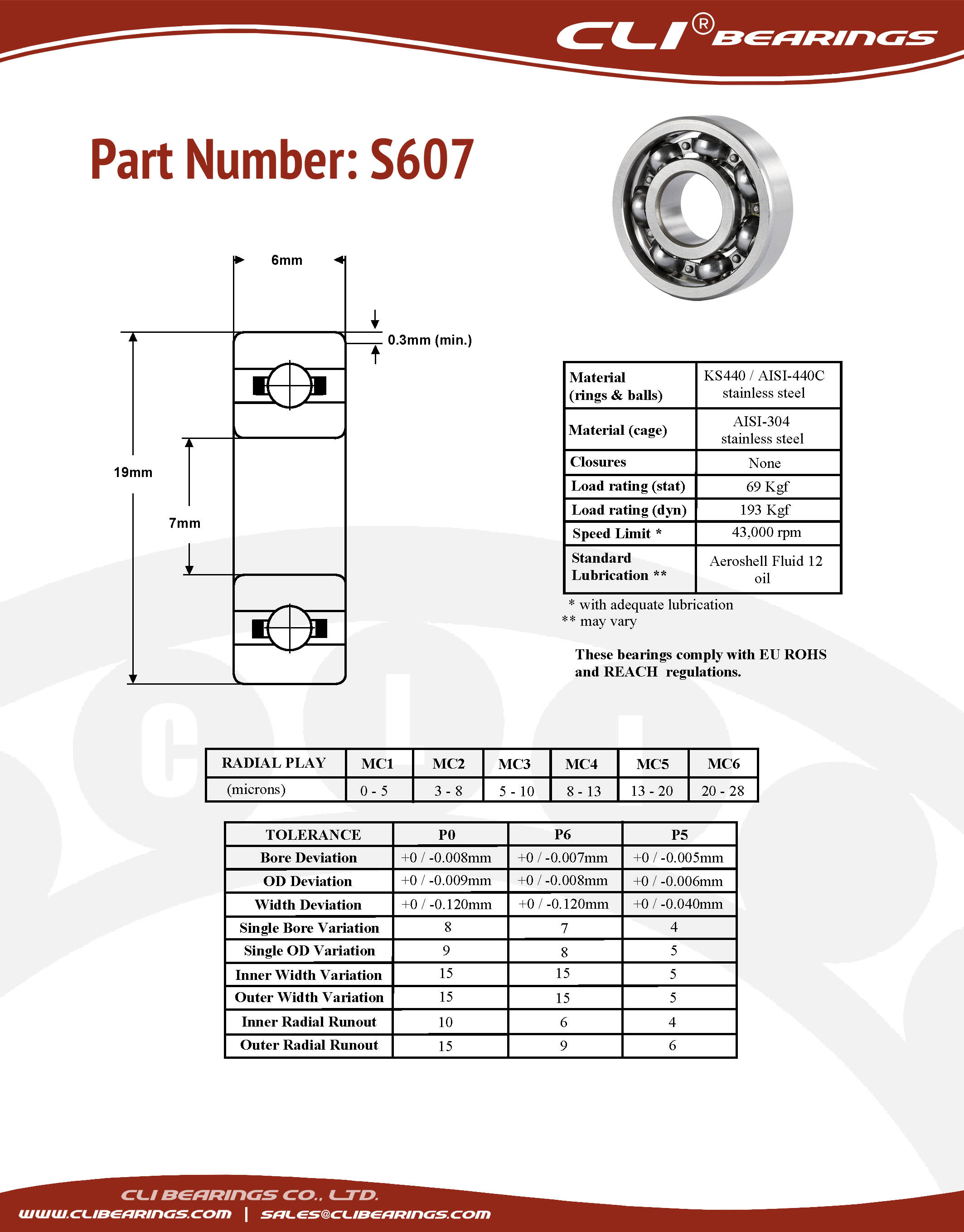 Original s607 stainless steel miniature bearing 7x19x6mm cli nw