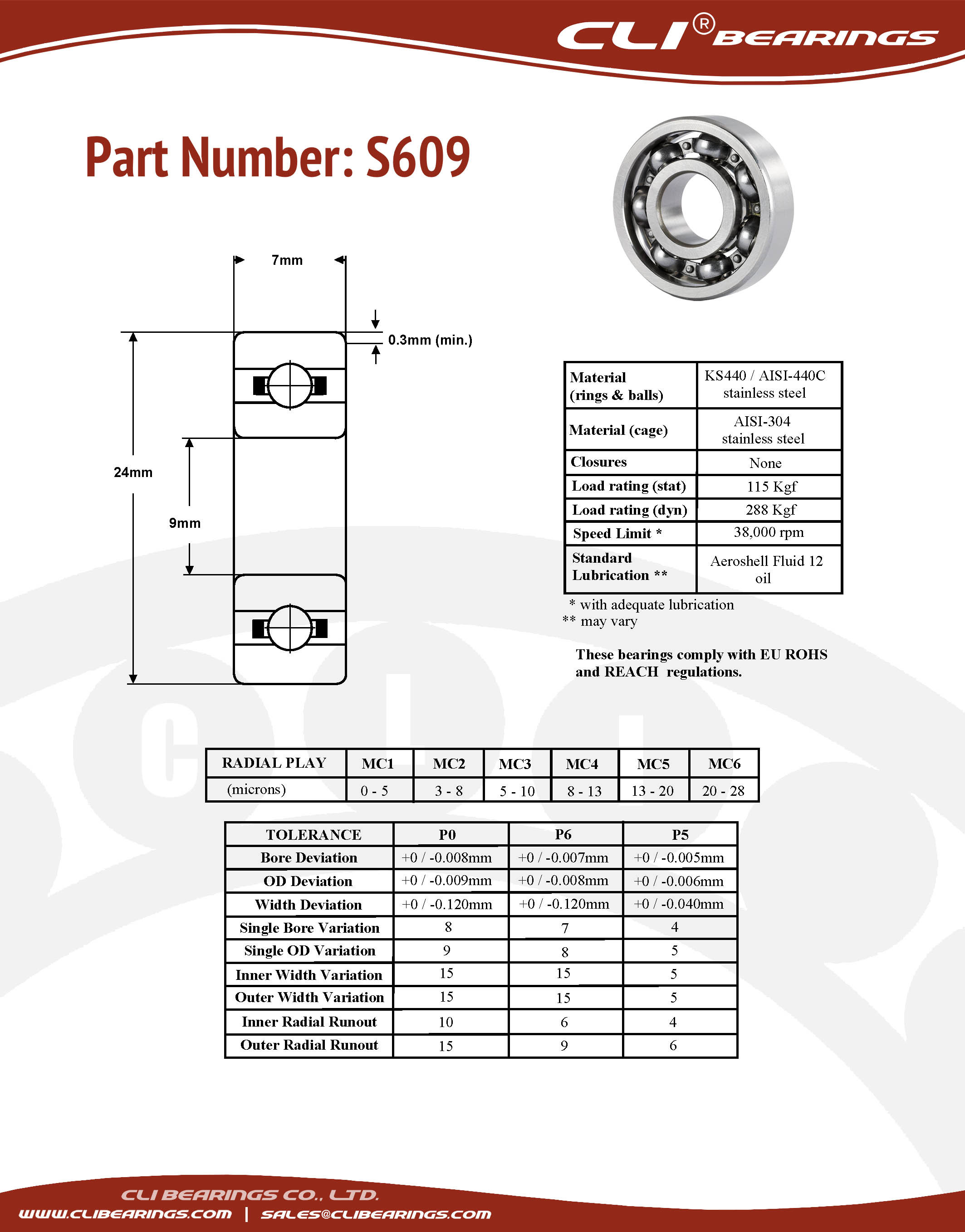 Original s609 stainless steel miniature bearing 9x24x7mm cli nw